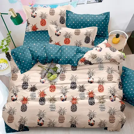 Двоспальний комплект постільної білизни компаньйони горох і ананаси 180*220 бавовняний 100% із сатину, Черешенька ТМ, фото 1