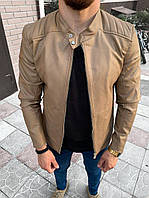 Мужской кожаный бомбер (бежевый) короткая весенняя молодежная легкая курточка на молнии кожзам Мо78-133