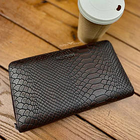 Гаманець-клатч на дві блискавки з блоком під картки із натуральної шкіри, коричневий