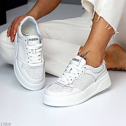 Білі шкіряні жіночі кросівки крипери з перфорацією натуральна шкіра спорт-шик