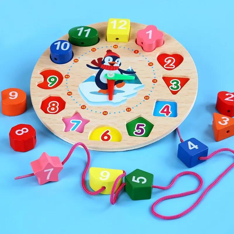 Гра-сортер Годинник дерев'яна розвиваюча іграшка зі шнурівкою та фігурками з цифрами, Різнокольоровий