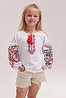 Вышиванка для девочки "Георгина" белая с красной вышивкой, детская вышитая блузка с длинным рукавом