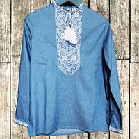 Вишиванка для хлопчика з білою вишивкою Козак, джинсова, ромб, довгий рукав, 10-15 років, 92,98,104,110р