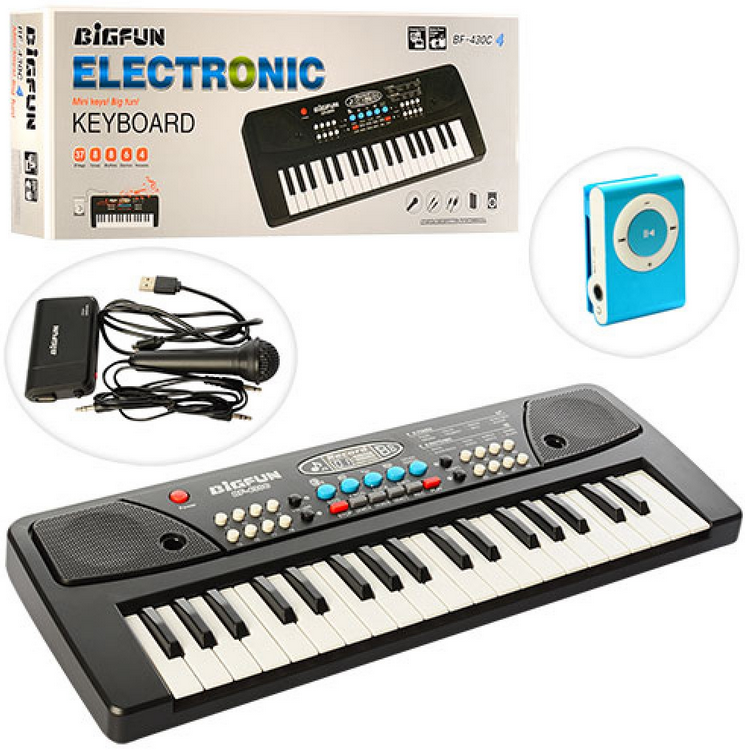 Синтезатор 37 клавіш, мікрофон, запис, 8тонів, USB заряд. MP3плеєр, кор. 43*17*6см