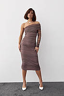 Вечернее платье из фатина с одним рукавом - кофейный цвет, M (есть размеры)