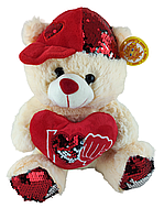 Мягкая игрушка Мишка с сердцем в красной кепке музыкальный Белый, 35см (122892)