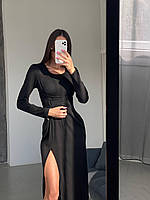 Женское длинное платье в обтяжку стильное модное с разрезом подчеркивает фигуру шнуровка длинный рукав черный