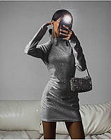 Жіноча блискуча сукня міні під горло коротка довгий рукав в обтяжку срібна