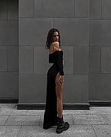 Женское длинное платье в обтяжку стильное модное с разрезом подчеркивает фигуру длинный рукав в рубчик черный