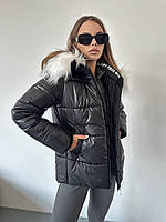 Женская куртка с капюшоном короткая пуховик с мехом стильная теплая черный, хаки, лаванда, молоко, графит