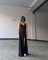 Женское длинное платье свободное стильное модное с разрезом удобное трендовый фит черное без рукавов