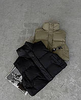 Женская короткая дутая жилетка с наполнителем регулируется с карманами базовая стильная черный олива