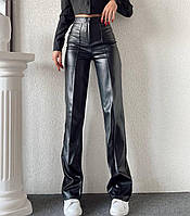 Брюки женские брюки Палаццо кожаные деловые повседневные на выход стильные с разрезом черный