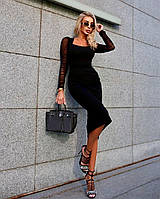 Женское длинное платье в обтяжку стильное модное подчеркивает фигуру прозрачные длинные рукава черный