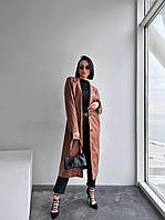 Жіночий тренч з еко-шкіри довгий пальто без поясу стильний весна осінь коричневий шоколад