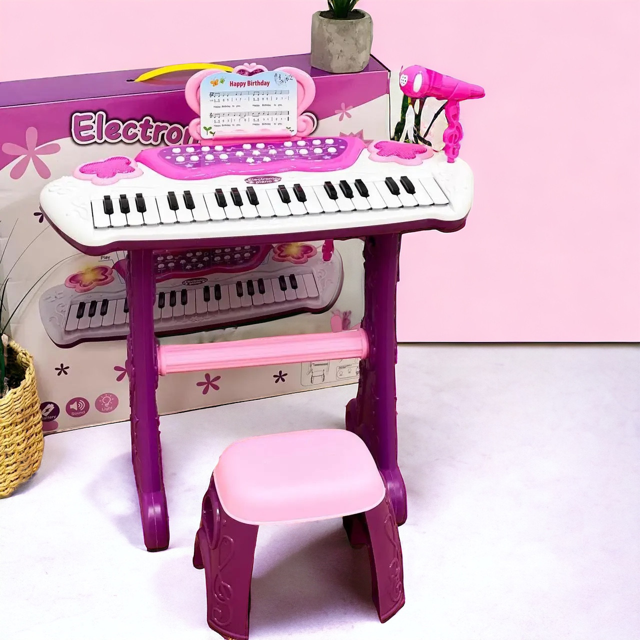 Дитяче піаніно-синтезатор на ніжках з мікрофоном Electronic Piano 883, стільчик, підсвітка, запис звуку, звукові ефекти, рожевий