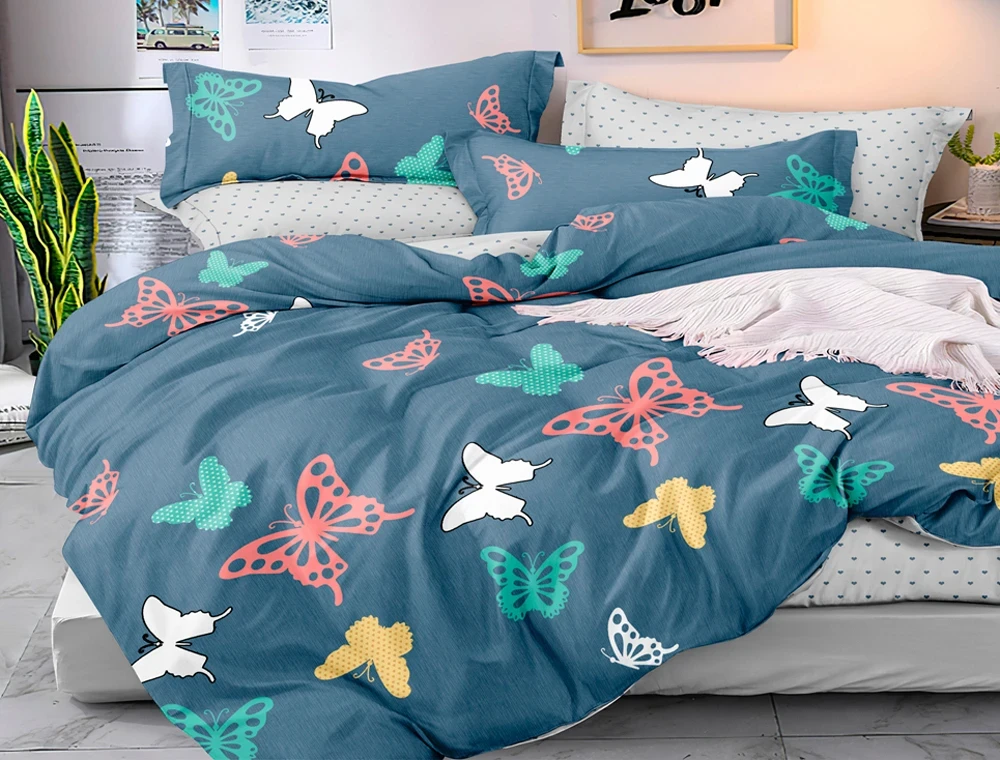Сімейна постільна білизна натуральна бавовна з метеликами двоколірна комбінована із сатину, Черешенька ТМ