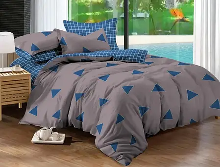 Двоспальна постільна білизна Компаньйон сірий і коричневий 180*220 із сатину з геометричним принтом, Черешенька ТМ, фото 1