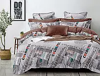 Сатинова сімейна постільна білизна натуральна 100% бавовна сіра з коричневим принтом написи, Черешенька ТМ