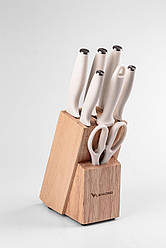 Кухонні ножі з керамічним покриттям 7 предметів Білий Набір ножів та ножиці на кухню, дерев'яна підставка