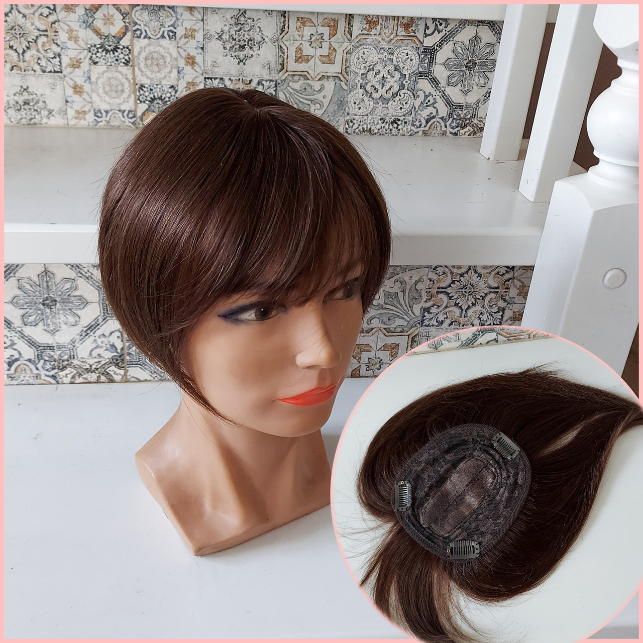 Накладка топпер на маківку з натурального волосся з чубчиком каштановий KLEO 8"- 4, фото 1