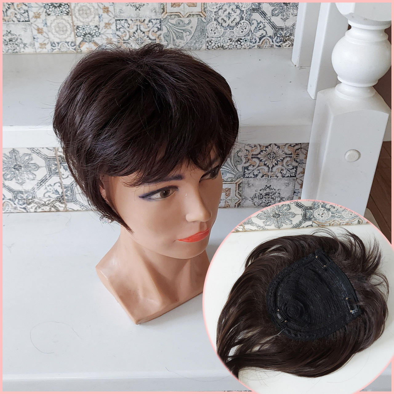 Накладка на маківку на зажимах з термоволосся шоколадний RY603-6, фото 1