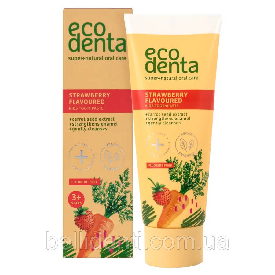 Дитяча зубна паста EcoDenta Green від 3 років (без фтору, суниця та екстракт моркви), 75 мл