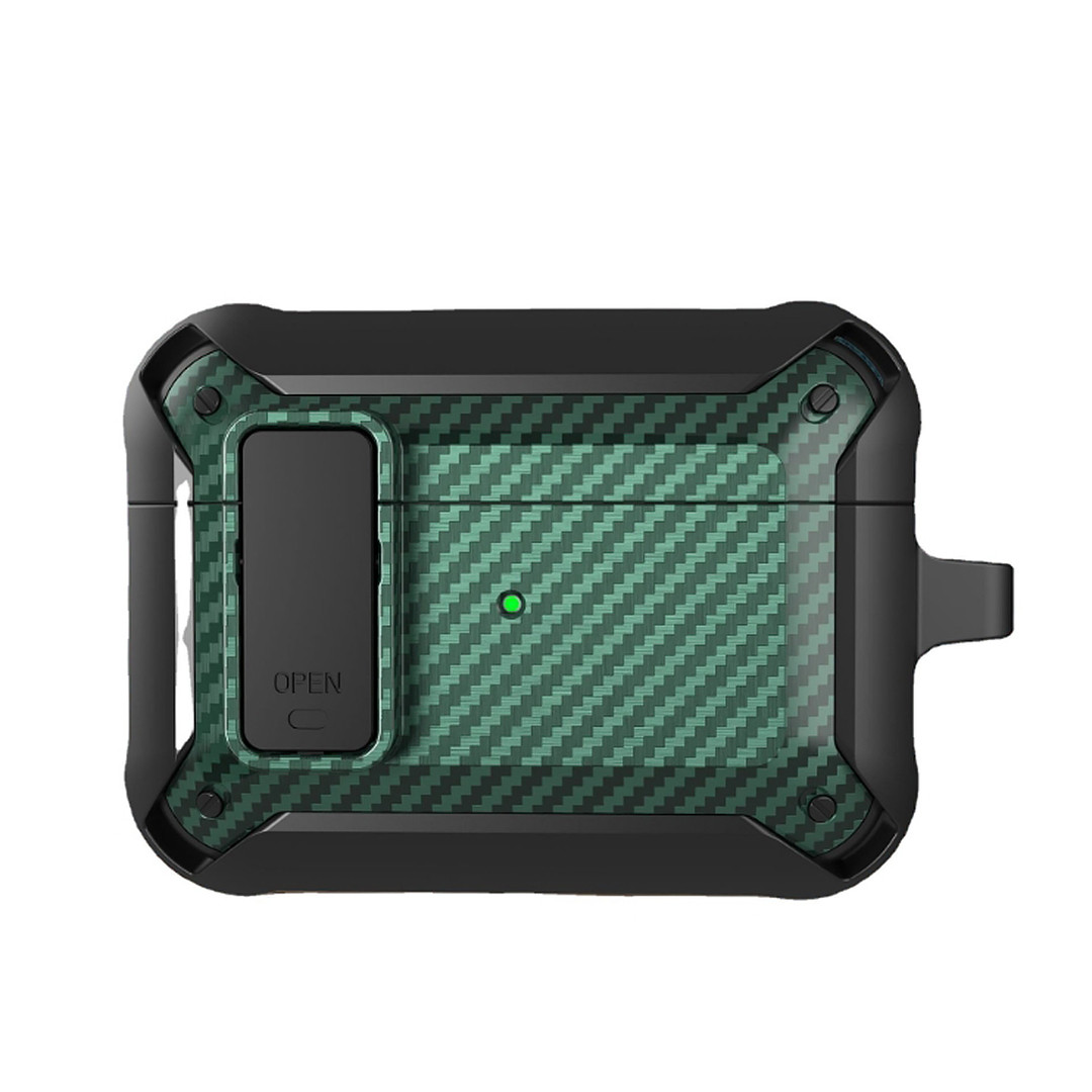 Протиударний чохол HMU для Apple Airpods Pro 2 | чохол + карабін | кнопка-фіксатор | чорний/зелений