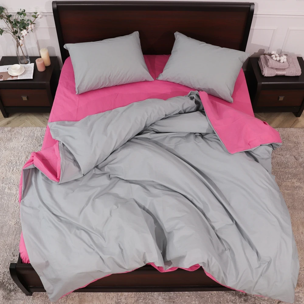 Рожево-сіра постільна білизна двоколірна односпальна 150*220 комбінована щільна бавовняна з Бязі Gold, Черешенька ТМ