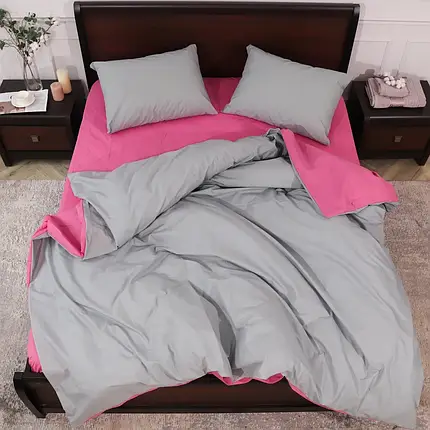 Рожево-сіра постільна білизна двоколірна односпальна 150*220 комбінована щільна бавовняна з Бязі Gold, Черешенька ТМ, фото 1