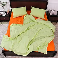 Однотонна постільна білизна двох кольорів сімейна комбінована жовтогаряча та салатова з Бязі Gold з 2 підковдрами, Черешенька ТМ