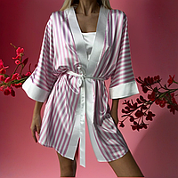 Набір шовкові халат і сорочка пеньюар Victoria's Secret нічний набір рожевого кольору у смужку для дому S MSC