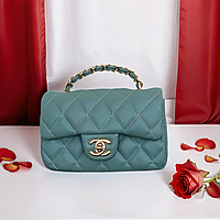 Классическая женская стильная сумка Chanel из кожи клатч брендовый Шанель бирюзовый на цепочке