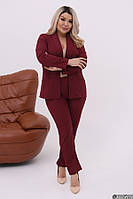 Брючний жіночий костюм двійка піджак та класичні брюки бордового кольору великого розміру / батал 50-52