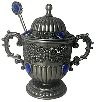 Турецька цукорниця кубок Arsal з ложкою, темне срібло, Синій камінь