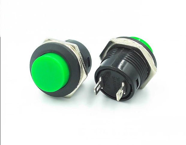 Кнопка без фіксації 16мм R13-507, зелена, на замикання, 3A, 2pin, OFF-(ON), гайка
