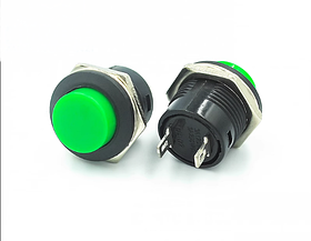 Кнопка без фіксації 16мм R13-507, зелена, на замикання, 3A, 2pin, OFF-(ON), гайка