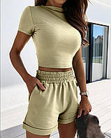 Модний літній жіночий костюм із шортами спортивний стиль хакі костюм жіночий шорти топ комплект із двонитки