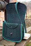 Велика шкіряна сумка ручної роботи з тисненням темно-зелена | шкіряна етно сумка жіноча, фото 4