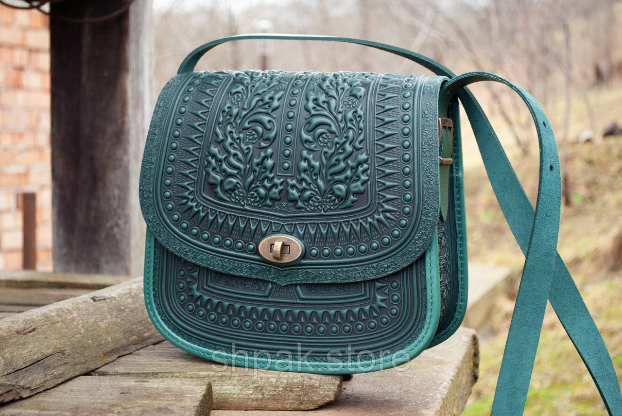 Велика шкіряна сумка ручної роботи з тисненням темно-зелена | шкіряна етно сумка жіноча, фото 1