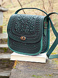 Велика шкіряна сумка ручної роботи з тисненням темно-зелена | шкіряна етно сумка жіноча, фото 7