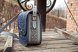 Велика шкіряна сумка ручної роботи з тисненням синя з сірим | шкіряна етно сумка жіноча, фото 3