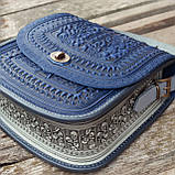 Велика шкіряна сумка ручної роботи з тисненням синя з сірим | шкіряна етно сумка жіноча, фото 5