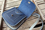 Велика шкіряна сумка ручної роботи з тисненням синя з сірим | шкіряна етно сумка жіноча, фото 6