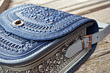 Велика шкіряна сумка ручної роботи з тисненням синя з сірим | шкіряна етно сумка жіноча, фото 8