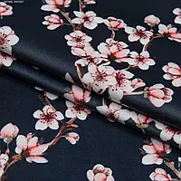 Ткань Декоративный велюр принт сакура / blossom цвет т.синий (280см 291г/м² пог.м) 164113
