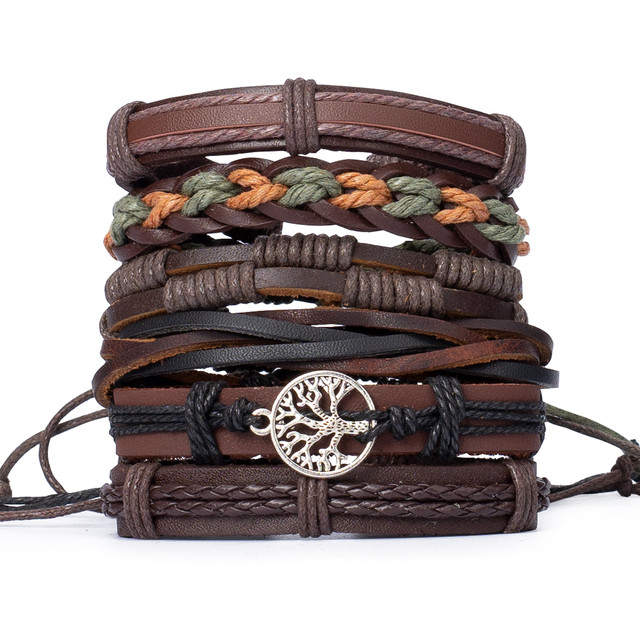 Набір з шести шкіряних браслетів коричневого кольору