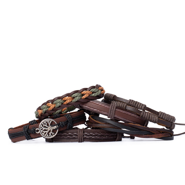 Набір з шести шкіряних браслетів коричневого кольору