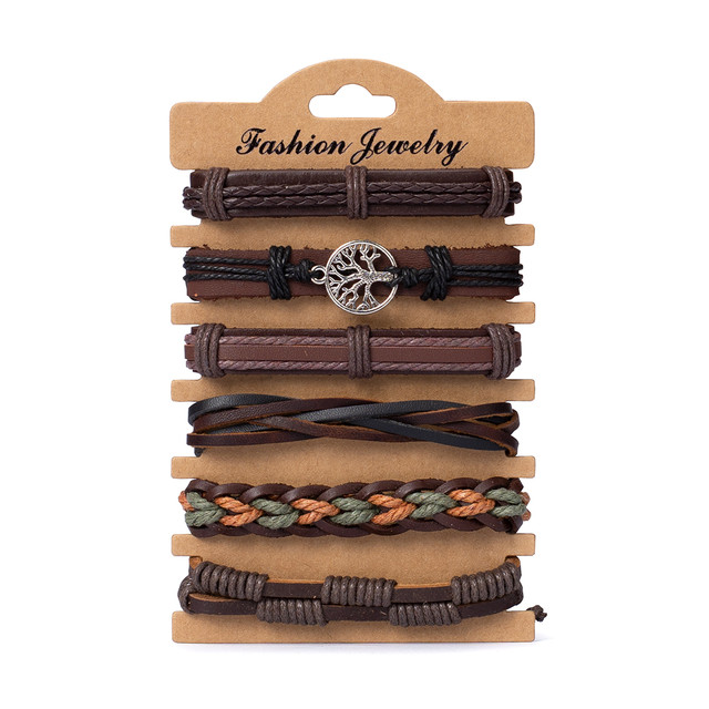 Набір з шести шкіряних браслетів коричневого кольору