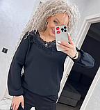 Нарядна блузка жіноча з мереживом літня темно-синя блуза з широкими рукавами стильна кофточка з довгим рукавом, фото 8